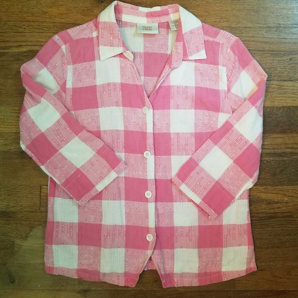 Womens Casual Button Up Pink& White Check Plaid Cotton Sz Small 3/4 Sleeve. - Picture 1 of 8